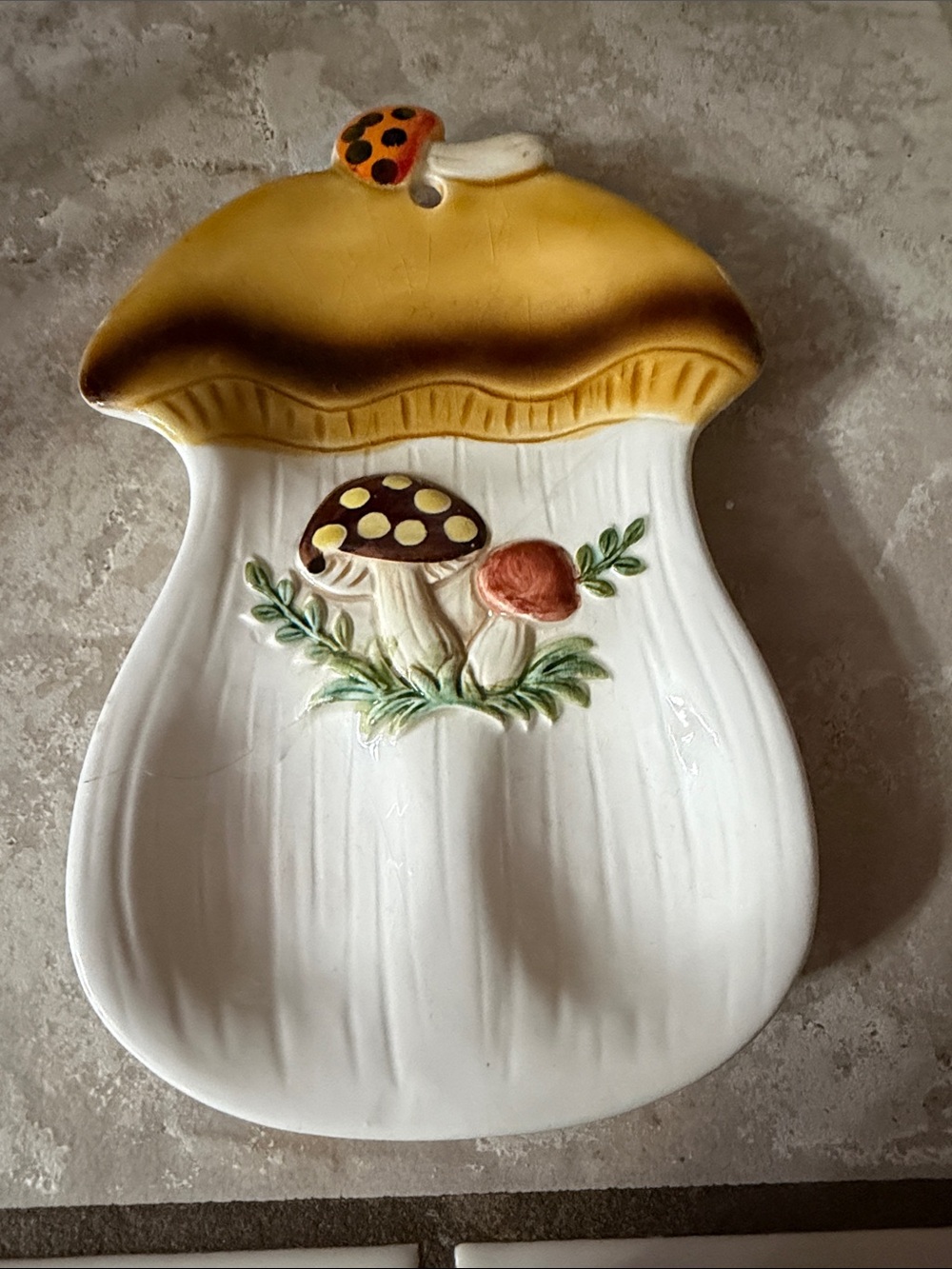 Merry Mushroom spoon rest and tile.Both have been cracked and    Glued